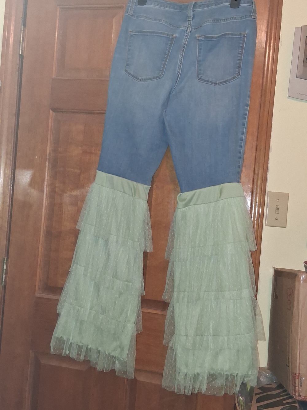 Embellished Light Blue Denim Jeans with Sage Tulle Ruffles - Picture 2 of 7